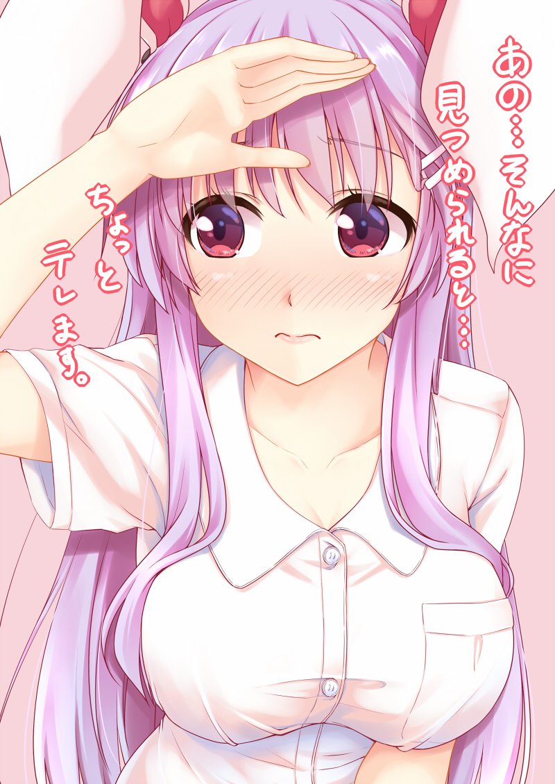 1girl animal_ears bangs blush breasts buttons hair_ornament hairclip hand_up kue large_breasts leaning_forward looking_away pink_background pink_hair rabbit_ears red_eyes reisen_udongein_inaba shirt short_sleeves simple_background solo touhou upper_body white_shirt wing_collar