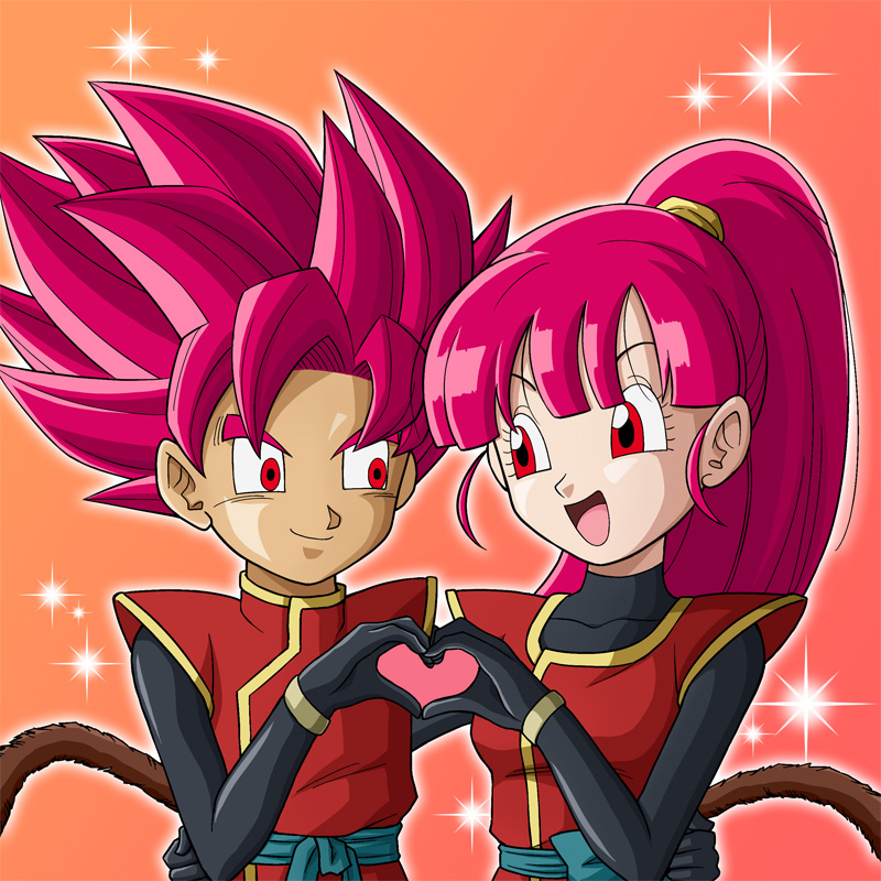 1boy 1girl beat_(dragon_ball) blush dragon_ball dragon_ball_heroes heart_shape karoine note_(dragon_ball) open_mouth red_eyes redhead saiyan smile super_saiyan super_saiyan_god tail