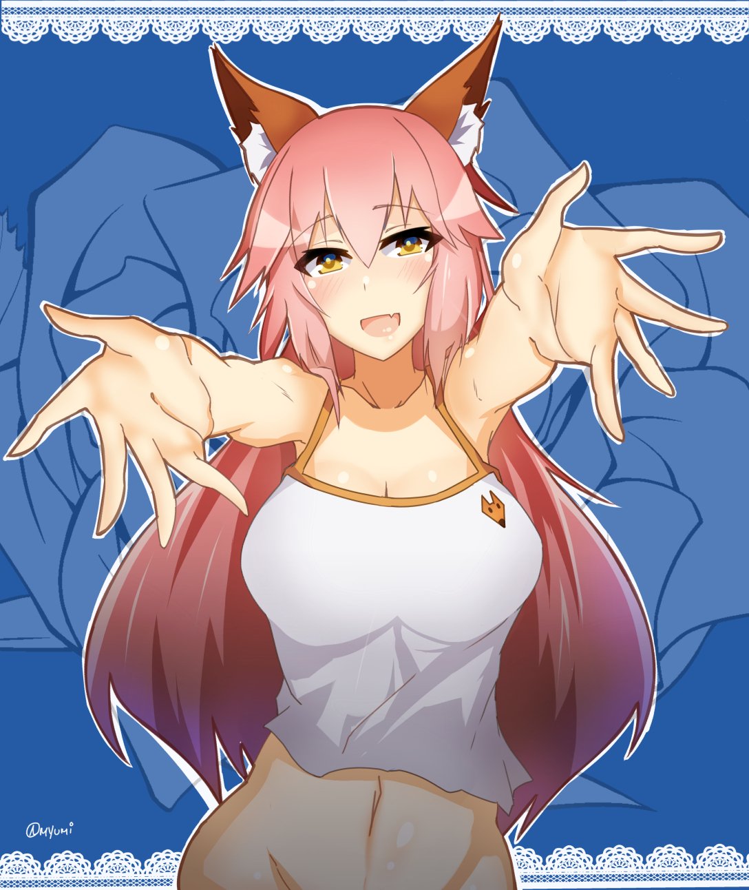 1girl :d animal_ears bare_arms bare_shoulders blue_background blush breasts cleavage commentary_request eyebrows_visible_through_hair fang fate/grand_order fate_(series) fox_ears hair_between_eyes highres large_breasts long_hair looking_at_viewer midriff myumi navel open_mouth out-of-frame_censoring outstretched_arms pink_hair reaching_out shirt smile solo tamamo_(fate)_(all) tamamo_no_mae_(fate) twitter_username upper_body white_shirt yellow_eyes