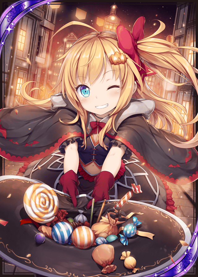 1girl age_regression akkijin alchemist_(shinkai_no_valkyrie) blonde_hair blue_eyes candy card_(medium) food gloves hair_ornament hair_ribbon halloween halloween_costume hat night night_sky one_eye_closed pumpkin red_gloves red_ribbon ribbon shinkai_no_valkyrie sky solo star_(sky) starry_sky village witch witch_hat younger