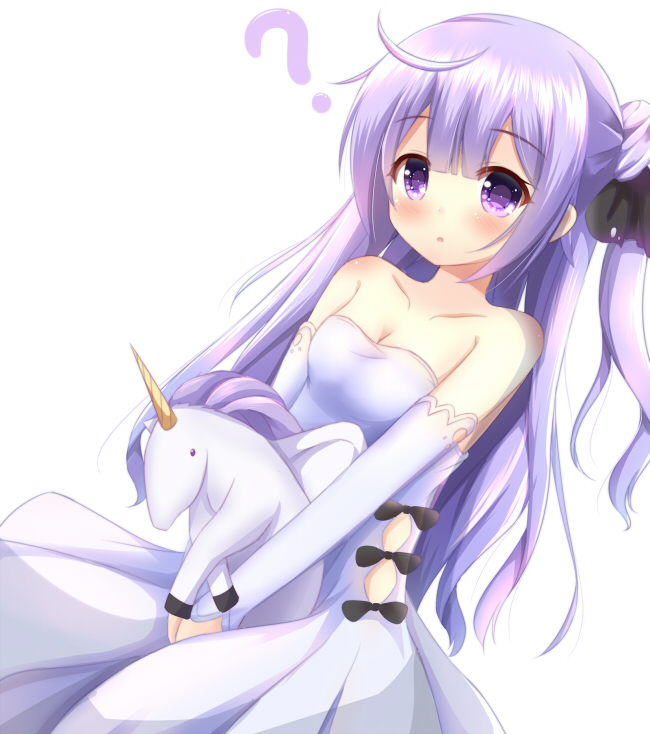 1girl ? azur_lane blush breasts collarbone commentary_request detached_sleeves dress gloves kedama_(kedama_akaza) long_hair looking_at_viewer object_hug purple_hair small_breasts solo stuffed_animal stuffed_toy stuffed_unicorn unicorn_(azur_lane) violet_eyes white_background white_dress white_gloves