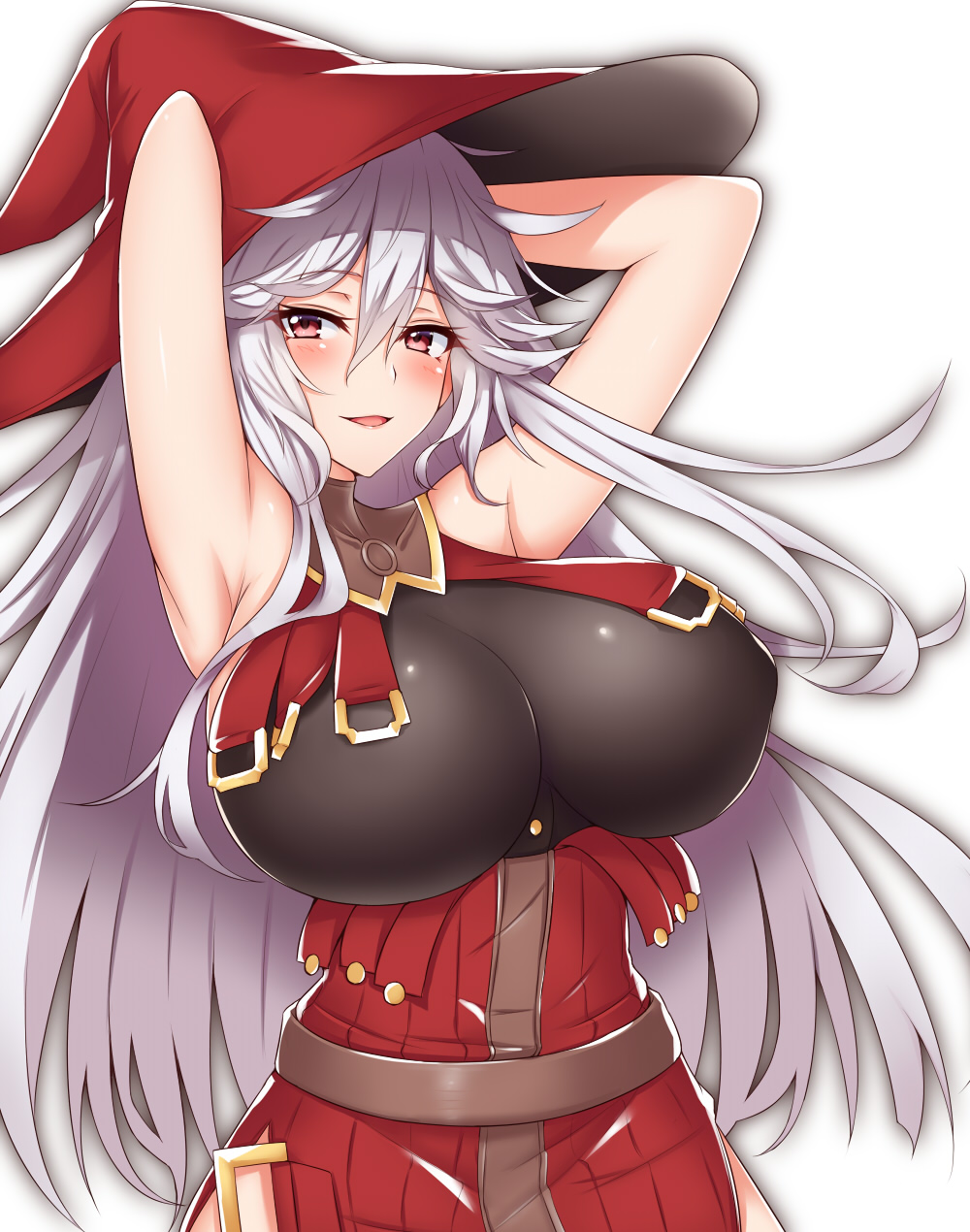 1girl :d armpits arms_behind_head arms_up bare_arms bare_shoulders blush breasts collarbone etan14 eyebrows_visible_through_hair granblue_fantasy hair_between_eyes hat highres huge_breasts impossible_clothes long_hair looking_at_viewer magisa_(granblue_fantasy) open_mouth red_eyes red_hat side_slit silver_hair sleeveless smile solo tsurime upper_body very_long_hair witch_hat