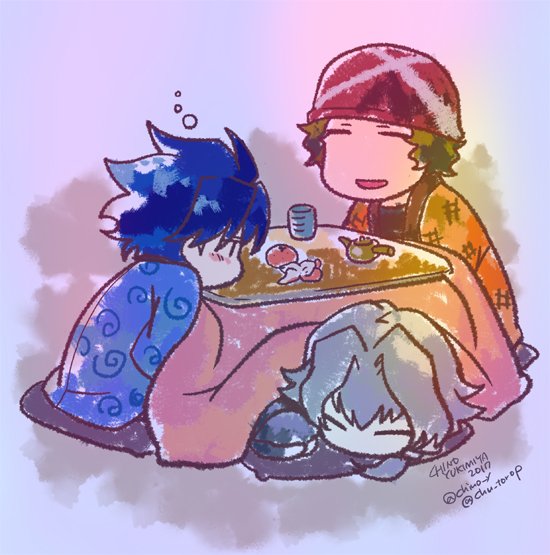 3boys bandanna blue_hair brown_hair chibi enjouji_michiru food fruit idolmaster idolmaster_side-m kizaki_ren kotatsu male_focus mandarin_orange multiple_boys silver_hair sleeping sleepy table taiga_takeru the_kogado