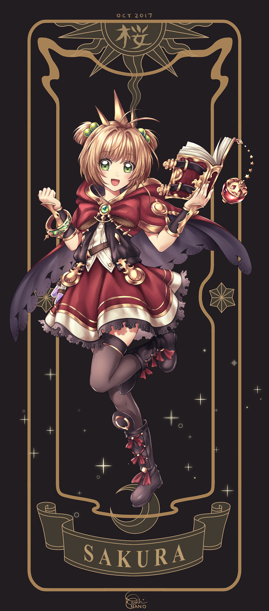 1girl antenna_hair bambi_nano black_footwear black_legwear blush book boots bow cagliostro_(granblue_fantasy) cagliostro_(granblue_fantasy)_(cosplay) cape capelet card_(medium) card_captor_sakura clow_card cosplay crown dated full_body granblue_fantasy green_eyes highres kinomoto_sakura looking_at_viewer magical_girl open_mouth red_skirt seiyuu_connection short_hair short_twintails signature skirt smile solo tange_sakura thigh-highs tiara twintails zettai_ryouiki