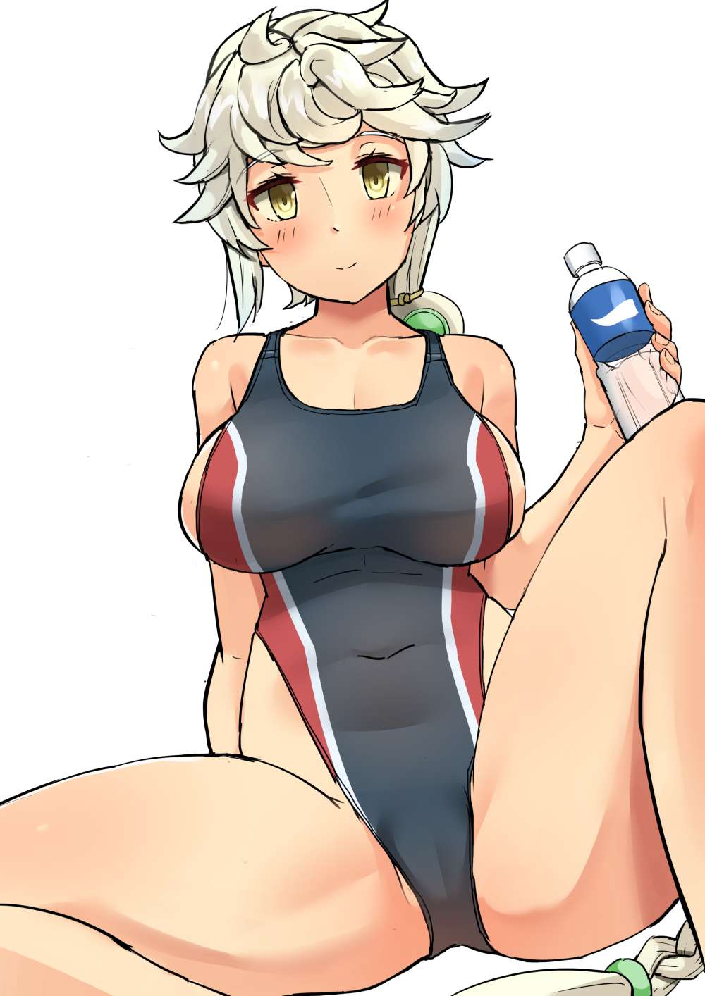 1girl asymmetrical_hair blush bottle breasts brown_eyes highres kantai_collection large_breasts long_hair one-piece_swimsuit silver_hair sitting soil_chopsticks solo swimsuit unryuu_(kantai_collection) very_long_hair water_bottle wavy_hair white_background yellow_eyes