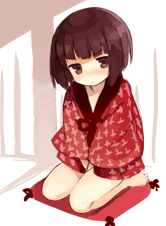 1girl :&lt; bangs barefoot between_legs blunt_bangs brown_eyes brown_hair closed_mouth eyebrows_visible_through_hair hand_between_legs happi head_tilt japanese_clothes jitome kurasuke long_sleeves looking_at_viewer on_pillow original pillow red_pillow red_ribbon ribbon seiza short_hair sitting sketch solo v_arms