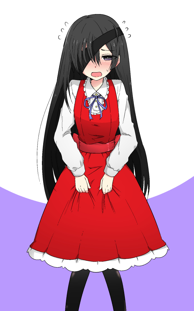 1girl alternate_costume black_hair black_legwear blush collared_shirt commentary_request dress embarrassed eyepatch fate/grand_order fate_(series) flying_sweatdrops frills half-closed_eye long_hair long_sleeves looking_at_viewer mekakuri_(otacon250) mochizuki_chiyome_(fate/grand_order) neck_ribbon nose_blush one_eye_covered open_mouth pantyhose pinafore_dress purple_ribbon red_dress ribbon shirt skirt_hold solo standing sweat two-tone_background very_long_hair violet_eyes white_shirt wing_collar