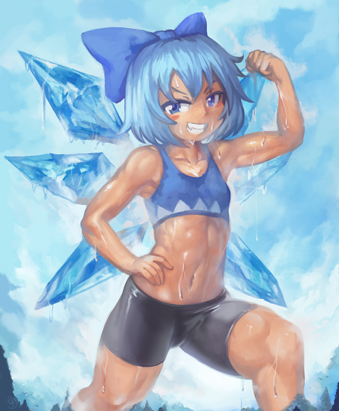 1girl abs bangs bare_arms bike_shorts blue_bow blue_eyes blue_hair blush_stickers bow cirno crop_top flat_chest flexing giantess grin hair_bow ice ice_wings midriff navel pose short_hair smile solo stomach sweat tan tank_top tanned_cirno toned touhou tree wings yilx