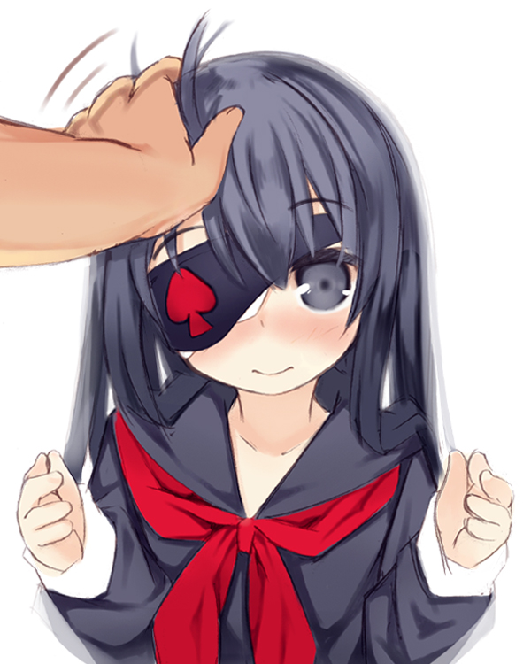 1girl bangs black_eyes black_hair black_serafuku black_shirt blush closed_mouth collarbone eyebrows_visible_through_hair hair_between_eyes hands_up kurasuke long_hair long_sleeves looking_at_viewer neckerchief nose_blush original petting red_neckwear school_uniform serafuku shirt simple_background sketch smile solo_focus spade_(shape) upper_body white_background