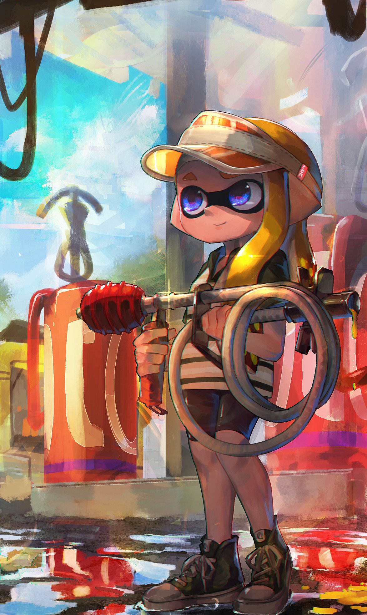 1girl bike_shorts black_footwear black_shorts blonde_hair blue_eyes blue_sky closed_mouth clouds commentary_request day domino_mask full_body gas_station goo_tuber_(splatoon) hat highres holding holding_weapon inkling kashu_(hizake) lace long_hair looking_away mask monster_girl orange_hat outdoors pointy_ears puddle shirt shoes short_eyebrows short_sleeves shorts sky smile sneakers solo splatoon splatoon_2 standing striped striped_shirt tentacle_hair visor_cap weapon