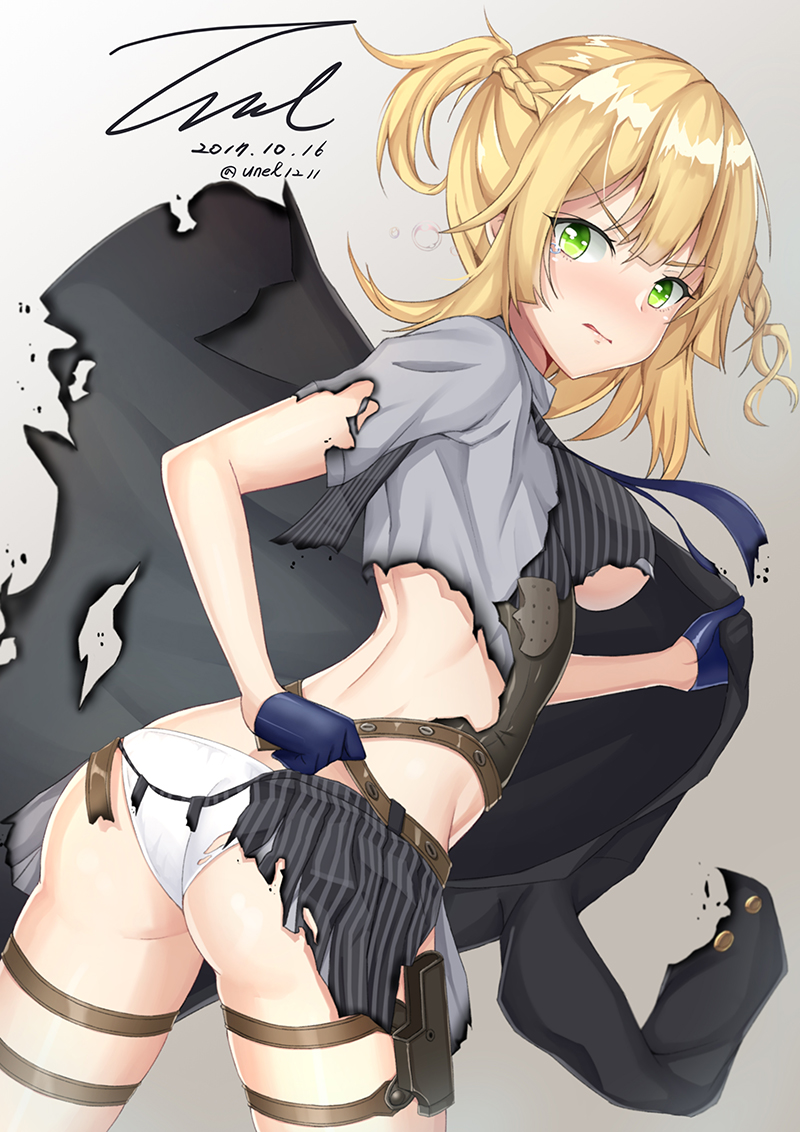 1girl artist_name ass bangs blonde_hair blue_gloves blush braid breasts closed_mouth dated eyebrows_visible_through_hair fingerless_gloves girls_frontline gloves green_eyes grey_shirt half_gloves half_updo holding_jacket holster jacket looking_at_viewer medium_breasts panties shirt short_sleeves sidelocks signature solo thigh_holster thighs torn_clothes torn_shirt twintails twisted_torso twitter_username under_boob underwear unel1211 vest welrod_mk2_(girls_frontline) white_panties