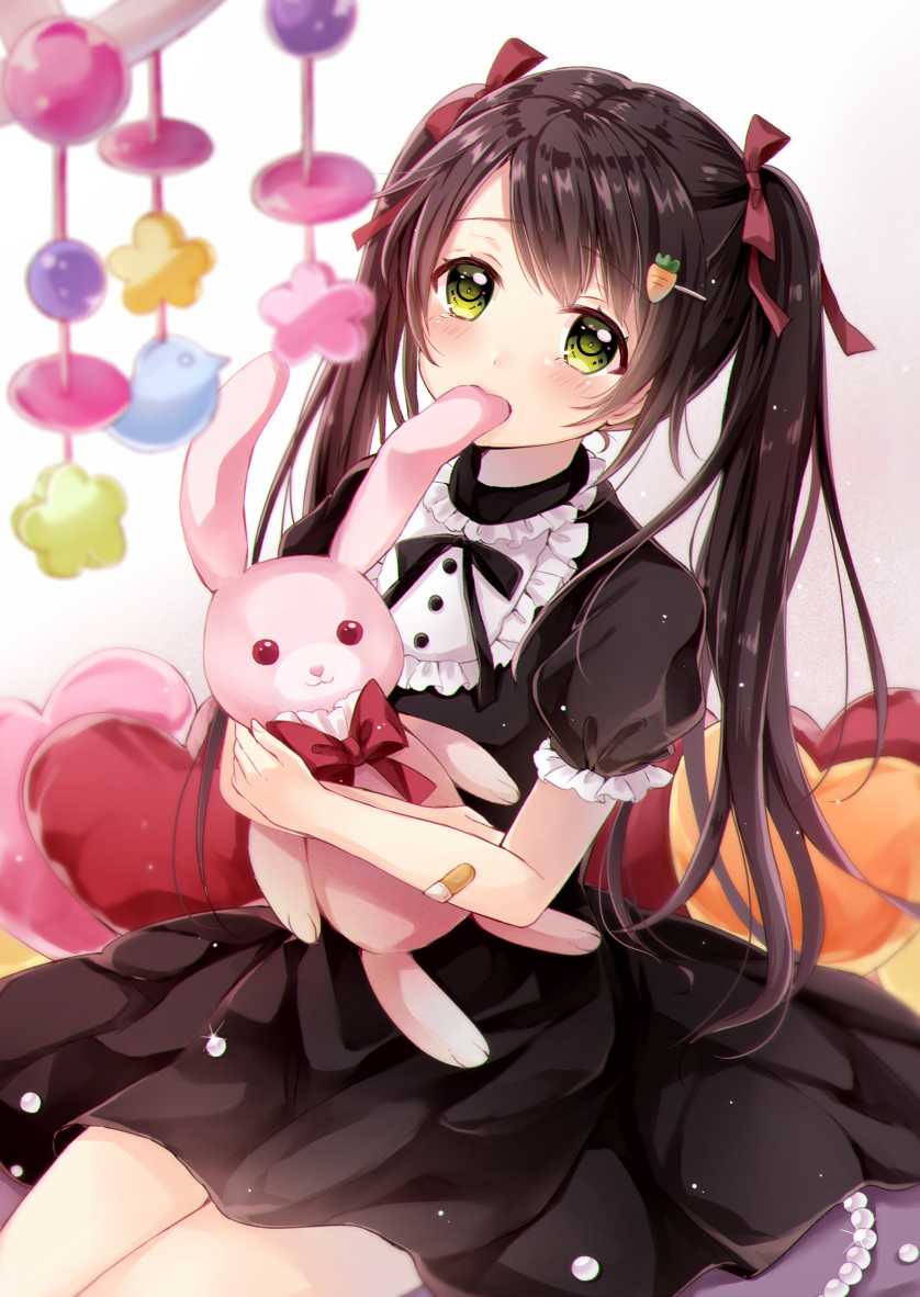 1girl bandaid bangs black_dress black_hair black_ribbon blurry blush bow bowtie buttons carrot_hair_ornament commentary_request cushion depth_of_field dress eyebrows eyebrows_visible_through_hair food_themed_hair_ornament frilled_sleeves frills glint gradient gradient_background green_eyes hair_ornament hair_ribbon heart heart_pillow holding holding_stuffed_animal jewelry long_hair looking_at_viewer mobile mouth_hold neck_ribbon necklace orange_pillow original pearl_necklace pillow pink_background pink_pillow puffy_short_sleeves puffy_sleeves red_neckwear red_pillow red_ribbon revision ribbon sakura_hiyori shiny shiny_hair short_dress short_sleeves sitting solo stuffed_animal stuffed_bunny stuffed_toy swept_bangs tareme tears twintails white_background