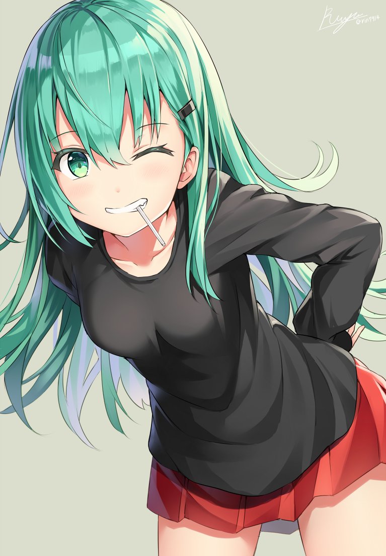 1girl ;) alternate_costume artist_name breasts casual cowboy_shot green_eyes green_hair grin hair_between_eyes hair_ornament hairclip hand_on_hip kantai_collection leaning_forward long_hair long_sleeves one_eye_closed pleated_skirt rin_yuu simple_background skirt sleeves_past_wrists small_breasts smile solo suzuya_(kantai_collection) twitter_username