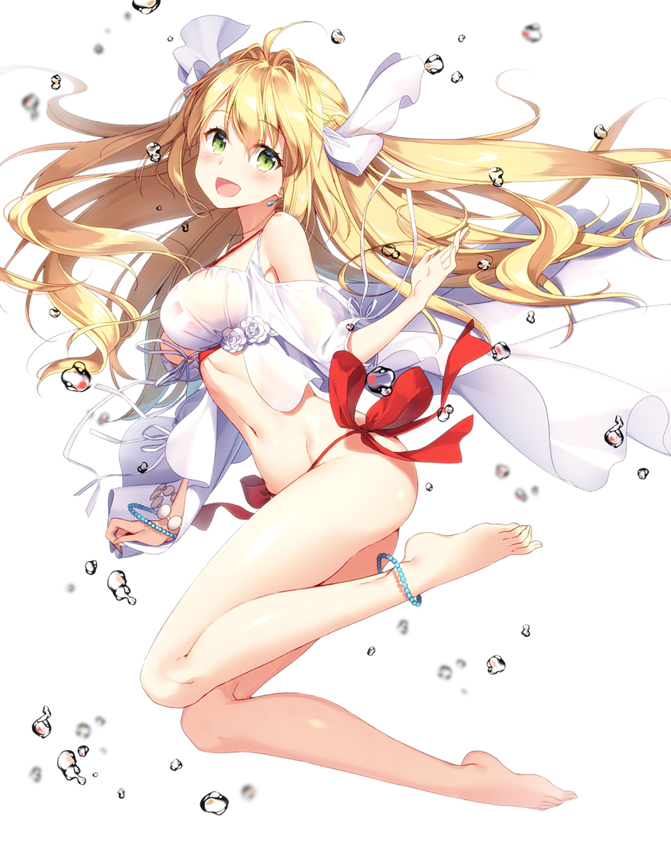 1girl :d ahoge anklet ass bangs bare_legs barefoot bead_bracelet beads bikini blonde_hair blush bow bracelet breasts commentary_request earrings eyebrows_visible_through_hair fate/grand_order fate_(series) feet floating_hair full_body hair_between_eyes hair_bow hair_intakes halter_top halterneck hand_up highres jewelry long_hair looking_at_viewer masuishi_kinoto medium_breasts nero_claudius_(swimsuit_caster)_(fate) open_mouth plantar_flexion red_bikini saber_extra see-through sideboob sidelocks simple_background smile solo striped striped_bikini swimsuit toes twintails very_long_hair water_drop white_background white_bikini white_bow
