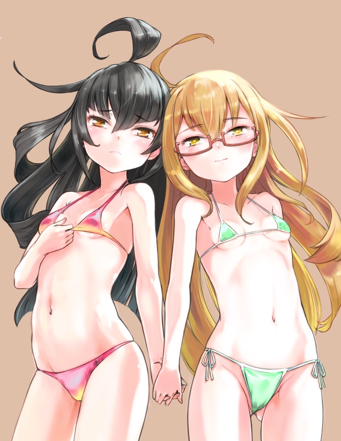 2girls ahoge bikini black_hair breasts brown_background brown_eyes chikuwa_(tks) closed_mouth cowboy_shot eyebrows_visible_through_hair glasses gluteal_fold green_bikini hand_holding kantai_collection light_brown_hair long_hair looking_at_viewer mikazuki_(kantai_collection) mochizuki_(kantai_collection) multiple_girls navel pink-framed_eyewear pink_bikini side-tie_bikini sidelocks simple_background small_breasts string_bikini swimsuit under-rim_eyewear yellow_eyes