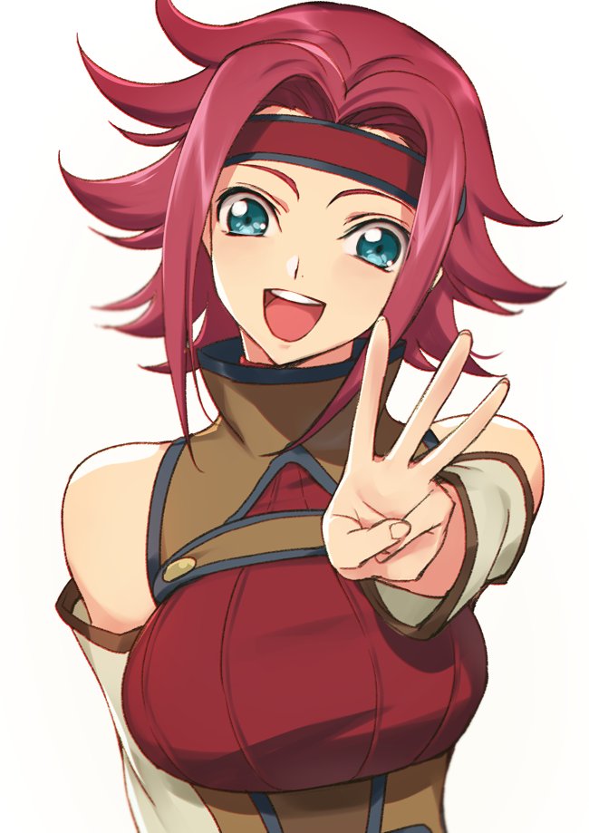 1girl :d aqua_eyes bare_shoulders breasts code_geass creayus detached_sleeves headband high_collar kallen_stadtfeld large_breasts looking_at_viewer open_mouth redhead short_hair smile solo w white_background