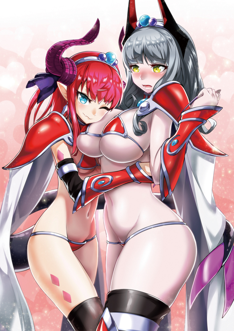 2girls :0 :o ;) armor bikini bikini_armor black_gloves black_legwear blue_eyes blush breast_press breasts cape carmilla_(fate/grand_order) cleavage clenched_hand closed_mouth commentary_request cosplay couple dragon_girl dragon_horns dragon_tail earrings elbow_gloves elizabeth_bathory_(brave)_(fate) elizabeth_bathory_(brave)_(fate)_(cosplay) embarrassed eyebrows_visible_through_hair fang_out fate/grand_order fate_(series) female gloves grey_hair hand_up highres horns hug jewelry kurobuchi_numama lancer_(fate/extra_ccc) lancer_(fate/extra_ccc)_(cosplay) large_breasts legs long_hair looking_at_another looking_at_viewer midriff monster_girl multiple_girls one_eye_closed open_mouth pale_skin pauldrons pink_hair pointy_ears red_armor red_bikini red_swimsuit redhead revision shy small_breasts smile standing swimsuit tail tail_wrap tattoo thigh-highs tiara type-moon under_boob white_cape wink yuri