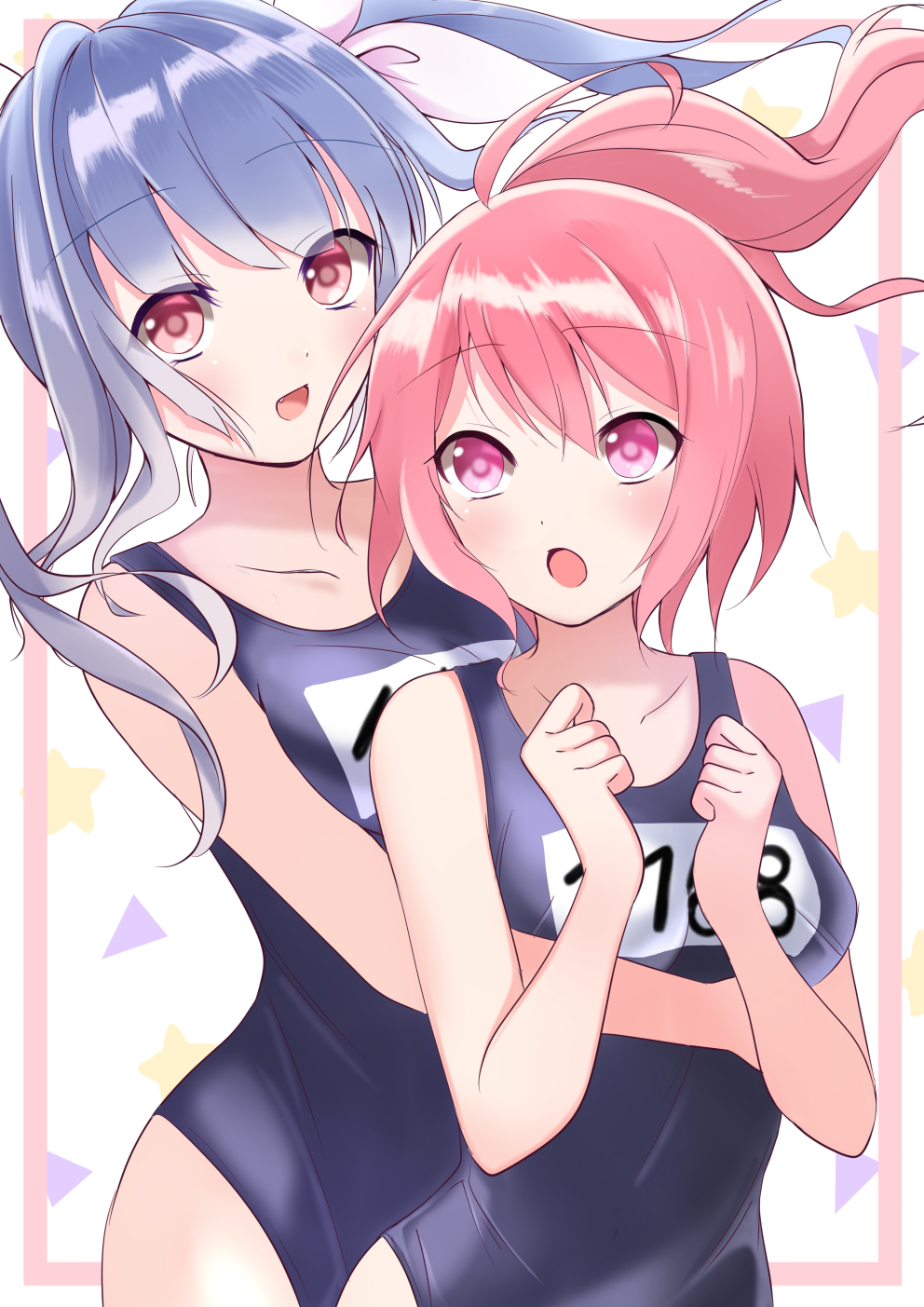 2girls blue_hair breasts fang hair_ribbon highres hug hug_from_behind i-168_(kantai_collection) i-19_(kantai_collection) kantai_collection long_hair medium_breasts multiple_girls name_tag one-piece_swimsuit pink_eyes ponytail red_eyes redhead ribbon school_swimsuit swimsuit tri_tails