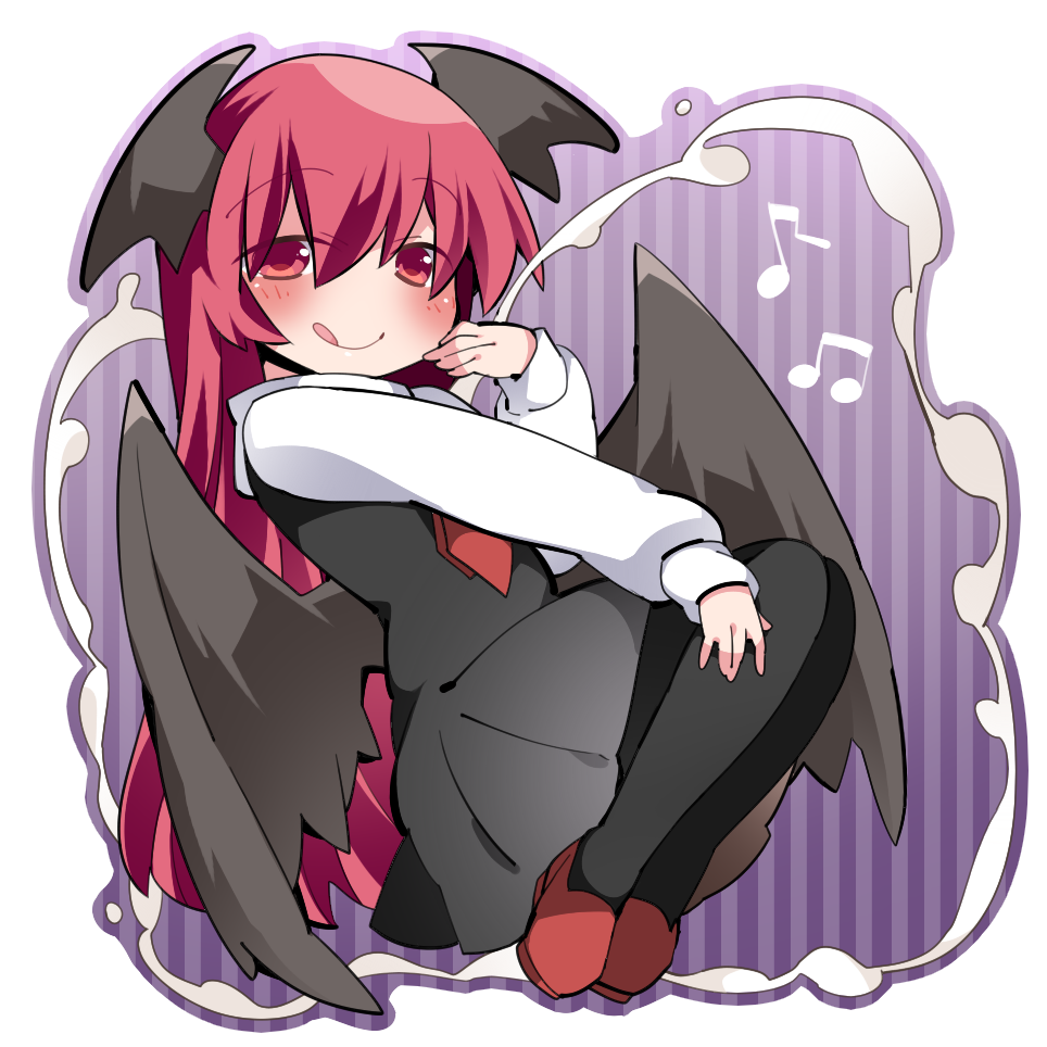 1girl bat_wings blush commentary demon_girl demon_wings dress_shirt hammer_(sunset_beach) head_wings koakuma looking_at_viewer musical_note red_eyes shirt solo tongue tongue_out touhou vest wings