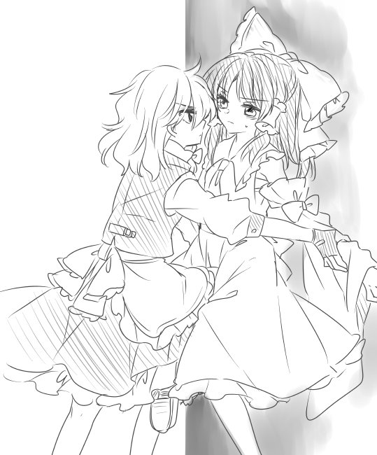 &gt;:( 2girls against_wall apron arm_grab blouse blush commentary detached_sleeves eye_contact fingerless_gloves gloves hair_tubes hakurei_reimu height_difference imminent_kiss kirisame_marisa long_hair looking_at_another messy_hair monochrome multiple_girls muzuki_uruu no_hat no_headwear sash skirt skirt_set standing standing_on_one_leg sweat touhou vest waist_apron wall_slam yuri