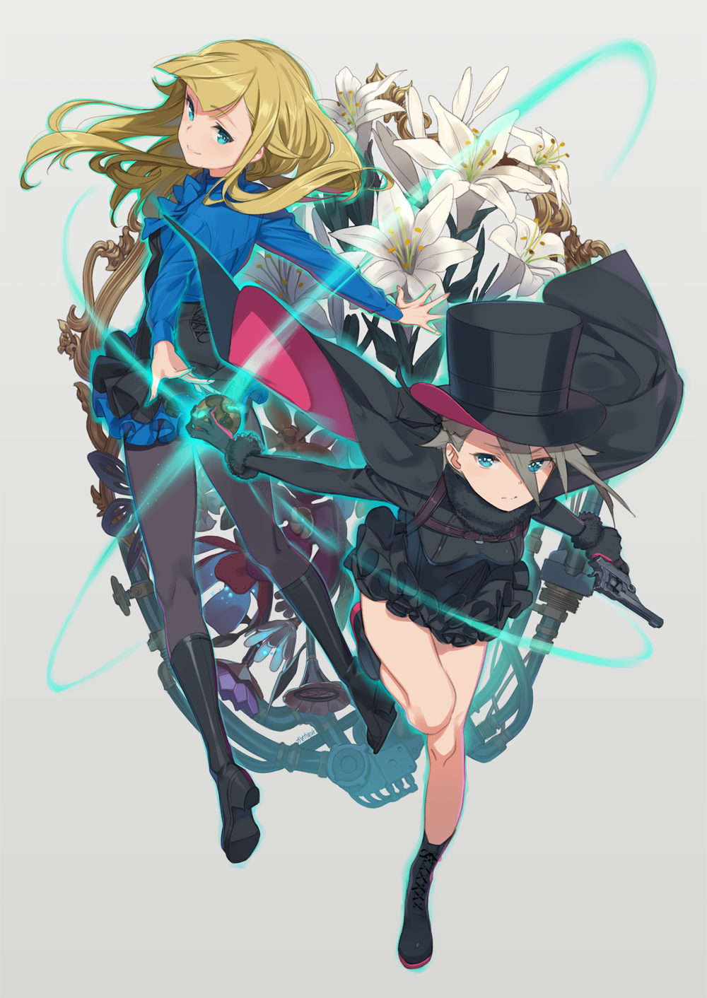 2girls ange_(princess_principal) bangs black_legwear blonde_hair blue_eyes boots breasts bright_pupils closed_mouth commentary_request cross-laced_footwear daffodil eyebrows_visible_through_hair finger_on_trigger flower frilled_skirt frills full_body gradient gradient_background grey_hair gun hair_between_eyes handgun hat highres kamo_kamen long_hair looking_at_viewer looking_back multiple_girls outstretched_arms pantyhose princess_(princess_principal) princess_principal short_hair simple_background skirt small_breasts smile standing standing_on_one_leg top_hat weapon white_pupils