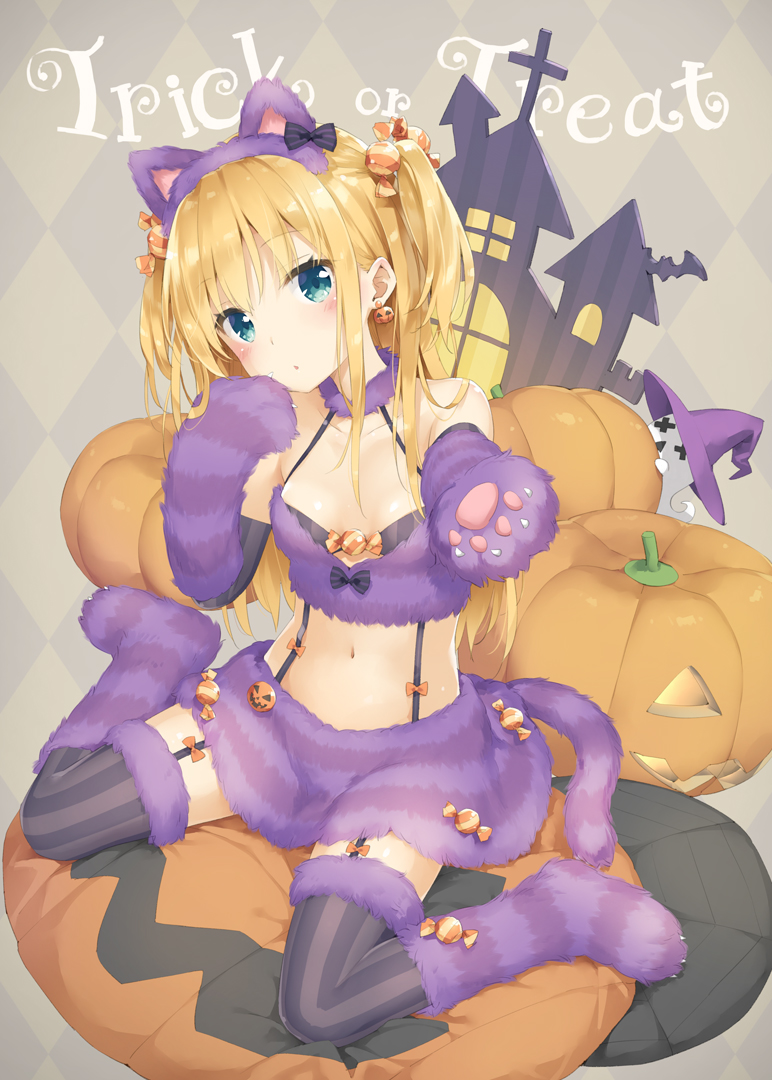 1girl animal_ears argyle argyle_background bangs blonde_hair blue_eyes blush cat_ears cat_tail closed_mouth fake_animal_ears fur_trim halloween hand_up jack-o'-lantern looking_at_viewer midriff navel original outstretched_arm paws peko pillow pumpkin purple_skirt shimotsuki_potofu sitting skirt solo striped striped_legwear suspenders tail trick_or_treat two_side_up vertical-striped_legwear vertical_stripes wariza