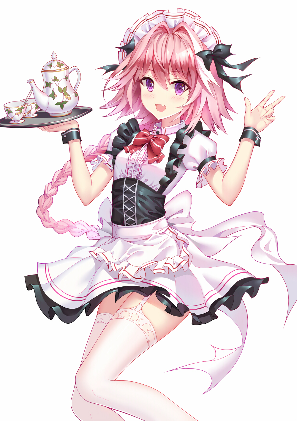 1boy :d aaeru alternate_costume apron black_skirt blush bow bowtie braid center_frills commentary_request cowboy_shot cup enmaided fang fate/apocrypha fate_(series) frilled_apron frilled_sleeves frills garter_straps hair_intakes hands_up high-waist_skirt highres long_hair looking_at_viewer maid maid_headdress male_focus open_mouth pink_hair puffy_short_sleeves puffy_sleeves red_bow red_neckwear rider_of_black shirt short_sleeves simple_background single_braid skirt smile standing teacup teapot thigh-highs trap very_long_hair violet_eyes w w_arms waist_apron white_apron white_background white_legwear white_shirt wrist_cuffs zettai_ryouiki