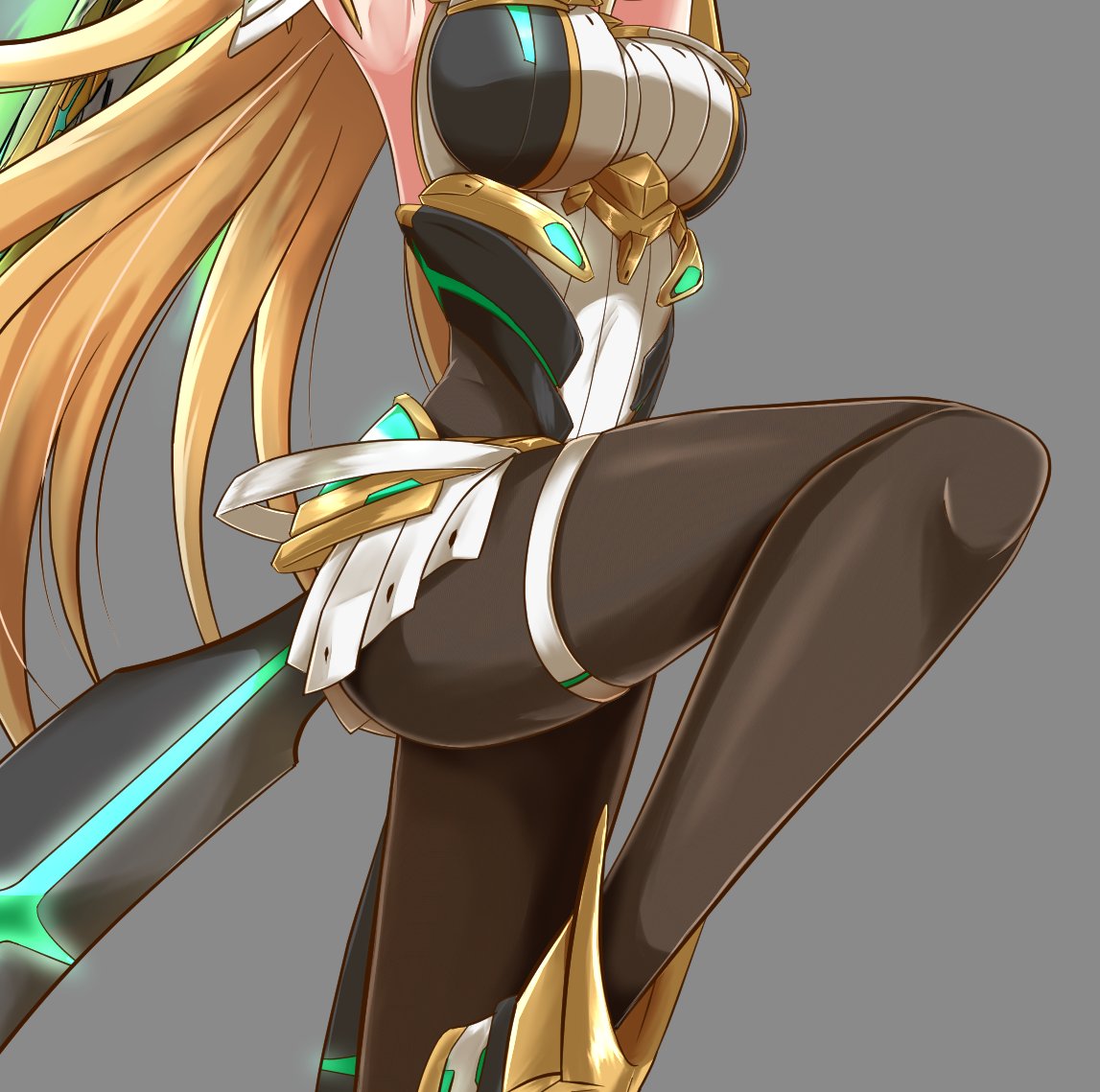 1girl bangs black_legwear blonde_hair breasts dress earrings elbow_gloves gloves jewelry large_breasts long_hair mythra_(massive_melee)_(xenoblade) mythra_(xenoblade) pantyhose samu_poteto solo super_smash_bros. swept_bangs very_long_hair xenoblade_chronicles_(series) xenoblade_chronicles_2