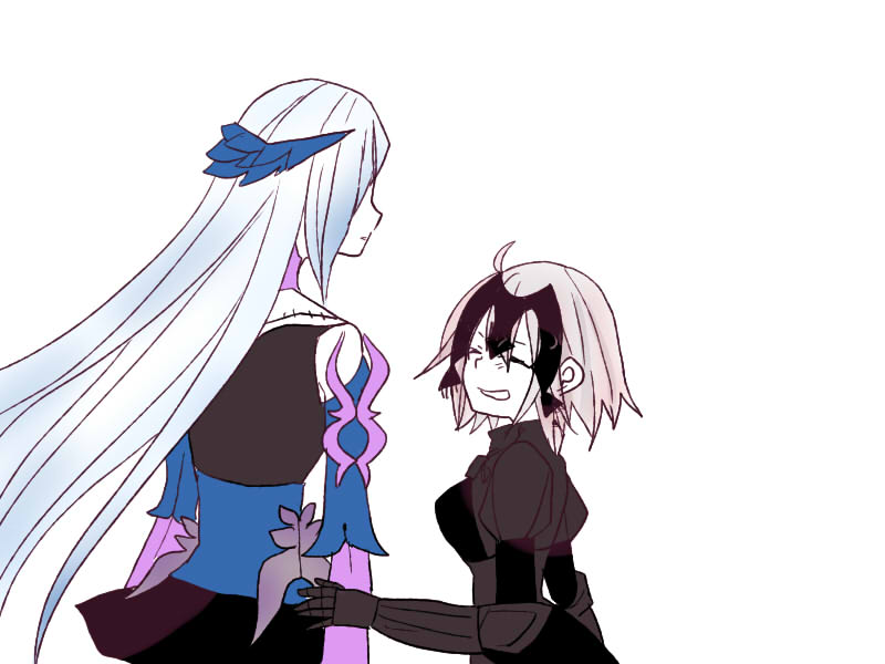 2girls ahoge armor black_dress blonde_hair blue_hair dress facing_another fate/grand_order fate_(series) gauntlets grin headpiece jeanne_alter lancer_(fate/prototype_fragments) long_hair multiple_girls ruler_(fate/apocrypha) short_hair silver_hair smile upper_body very_long_hair white_background yoichi_(umagoya)