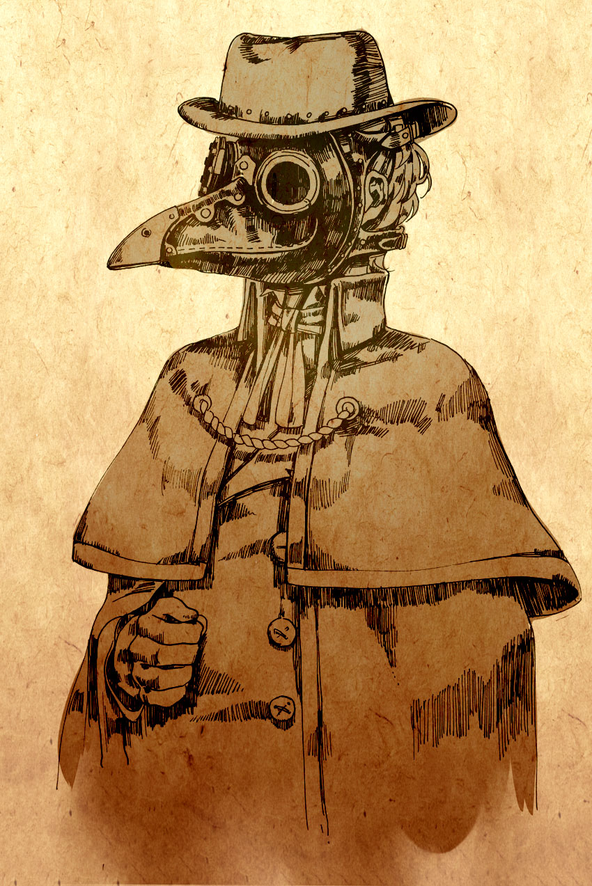 1girl braid capelet coat facing_viewer gloves hair_bun hat highres mask monochrome neck_ribbon original plague_doctor plague_doctor_mask ribbon sepia sepia_background solo standing zicai_tang