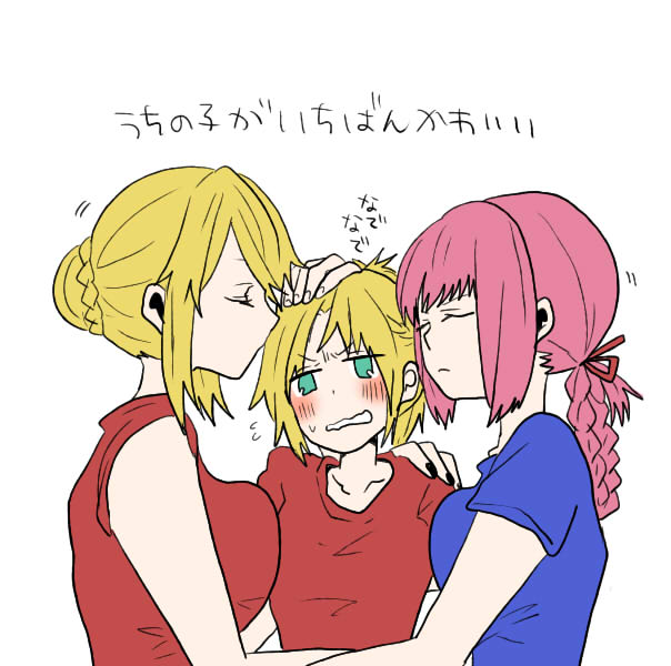 3girls alternate_costume artoria_pendragon_(all) artoria_pendragon_(lancer) blonde_hair blue_shirt blush casual closed_eyes dot_nose fate/grand_order fate_(series) florence_nightingale_(fate/grand_order) flying_sweatdrops green_eyes hug multiple_girls pink_hair red_shirt saber_of_red shirt short_sleeves t-shirt translation_request upper_body white_background yoichi_(umagoya)