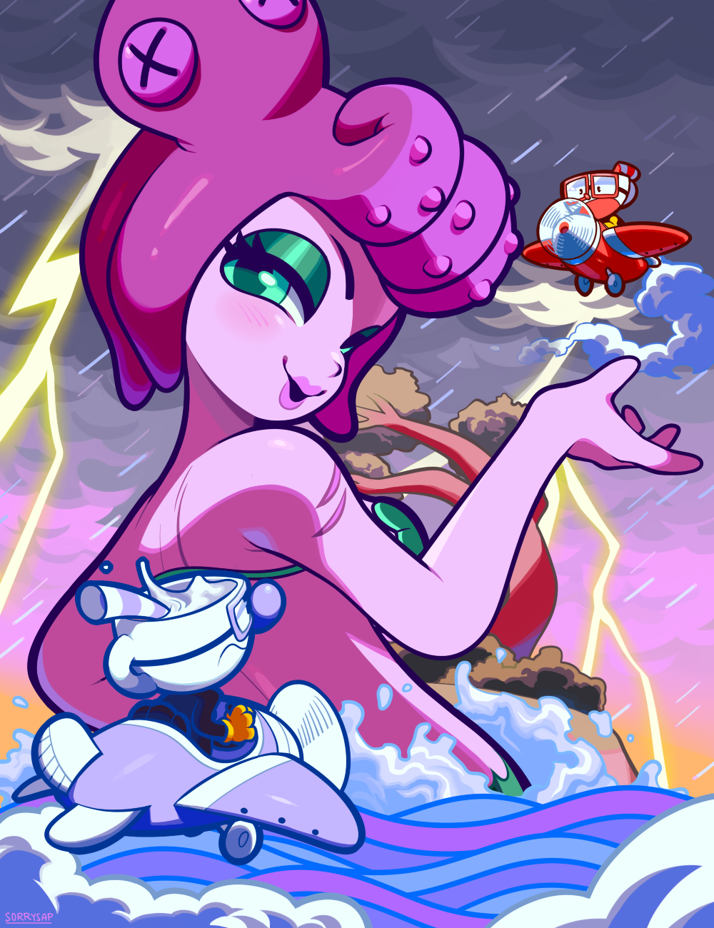 1girl 2boys aircraft airplane aqua_eyes back bare_arms bare_back blush breasts cala_maria_(cuphead) clouds cloudy_sky cuphead cuphead_(game) dark_clouds from_side giantess half-closed_eyes highres lightning_bolt lipstick looking_at_viewer makeup mascara mermaid monster_girl mugman multiple_boys ocean outdoors pink_lipstick purple_hair rain rnurkrow shell shell_bikini sky smile storm tentacle_hair water