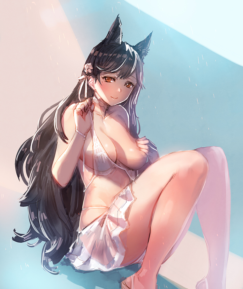 1girl animal_ears atago_(azur_lane) azur_lane bare_legs bikini black_hair bow_(bhp) breasts brown_eyes choker cleavage closed_mouth covering_nipples large_breasts long_hair mole mole_under_eye ribbon sandals simple_background sitting smile solo string_bikini swimsuit untied untied_bikini white_bikini wrist_ribbon