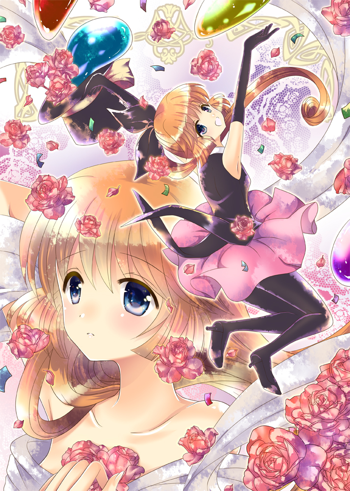 1girl :o arms_up black_legwear blue_eyes brown_hair confetti elbow_gloves flower gloves haneoka_meimi hat hat_removed headwear_removed high_heels kaitou_saint_tail kika88 long_hair looking_at_viewer magical_girl multiple_views pink_skirt ponytail saint_tail skirt top_hat