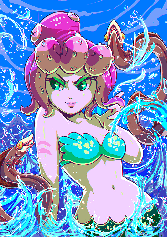 1girl aqua_eyes bare_arms blue_sky blush breasts cala_maria_(cuphead) cleavage cuphead_(game) day eel giantess half-closed_eyes lipstick looking_to_the_side makeup mascara medium_breasts mermaid monster_girl navel ocean pale_skin purple_hair purple_lipstick shell shell_bikini sky smile solo splashing stomach teeth tentacle_hair water white_skin wysoka