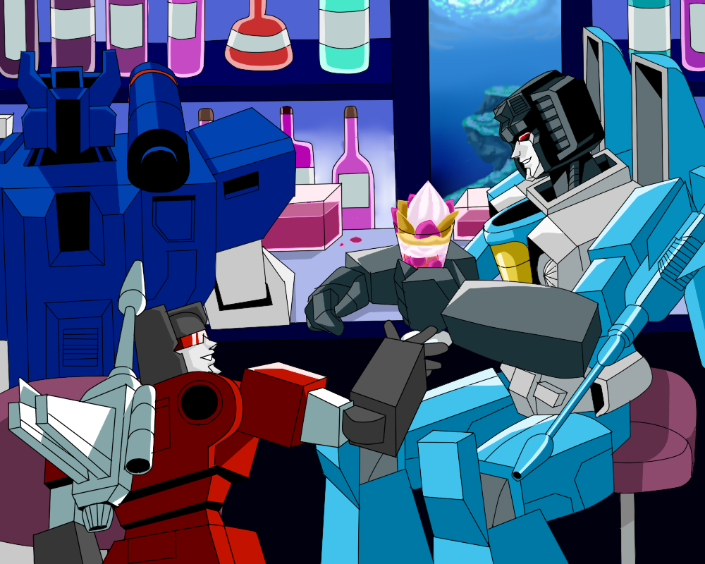 3boys 80s arm_cannon artist_request bar bar_stool bartender bottle cannon decepticon energon frenzy full_body holding indoors machine machinery mecha multiple_boys no_humans oldschool open_mouth personification red_eyes robot science_fiction sitting smile soundwave standing stool thundercracker transformers underwater weapon