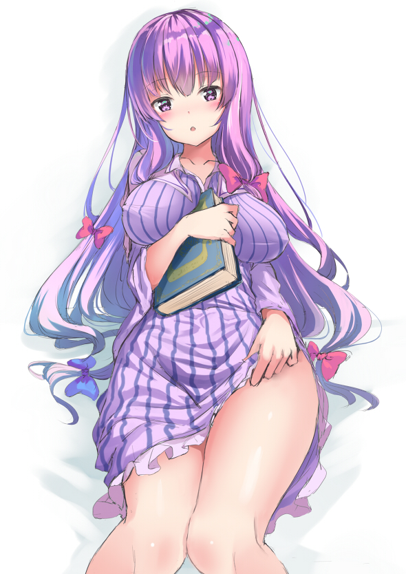 1girl bangs bare_legs between_breasts blue_bow book bow breasts dress hair_bow head_tilt holding holding_book large_breasts long_hair looking_at_viewer patchouli_knowledge purple_hair red_bow short_dress simple_background sitting solo striped striped_dress touhou violet_eyes white_background yukishiro_arute