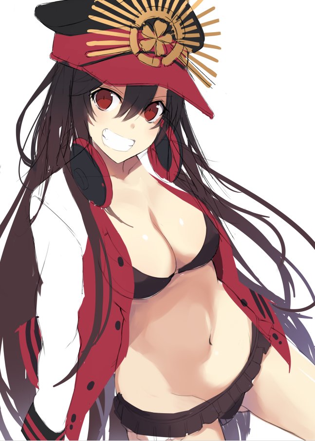 1girl bikini black_bikini_bottom black_bikini_top black_hair breasts buster_shirt cleavage demon_archer fate/grand_order fate_(series) frilled_bikini_bottom grin hat headphones headphones_around_neck jacket kurebayashi_noe letterman_jacket long_hair looking_at_viewer medium_breasts navel no_background oda_nobunaga_(swimsuit_berserker)_(fate) peaked_cap red_eyes smile solo swimsuit very_long_hair