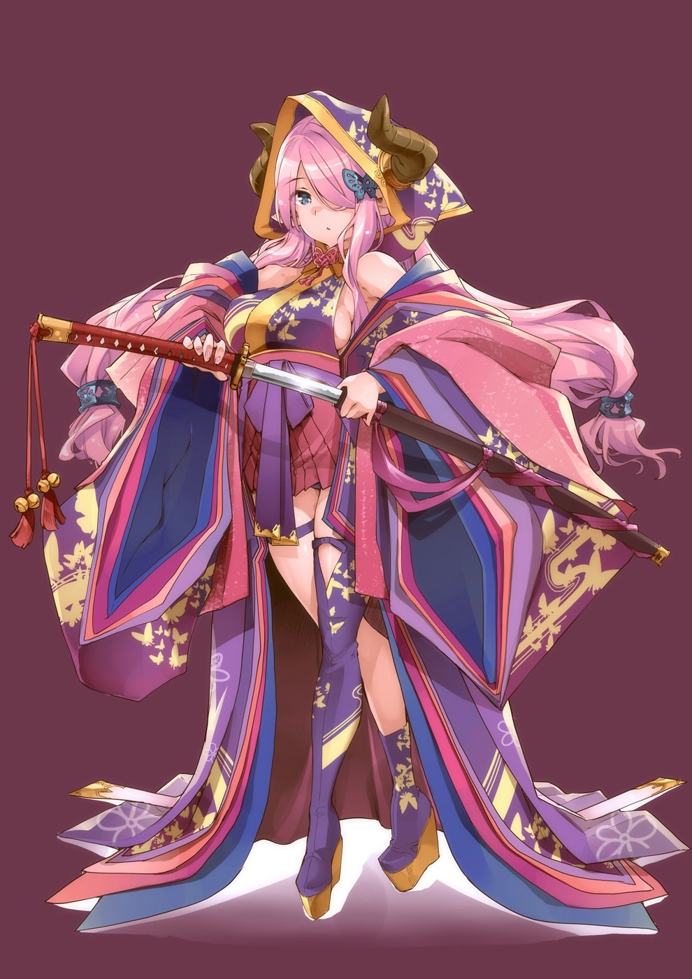 1girl animal_print bell blue_eyes blush boots breasts butterfly_hair_ornament butterfly_print doraf eyebrows_visible_through_hair floating_hair granblue_fantasy hair_ornament hair_over_one_eye highres holding holding_sword holding_weapon hood horns japanese_clothes jingle_bell kimono large_breasts long_hair low_twintails maroon_background mismatched_legwear narumeia_(granblue_fantasy) panties pantyshot pantyshot_(standing) parted_lips pink_hair platform_footwear pleated_skirt pointy_ears red_skirt sheath simple_background skirt solo standing sword thigh-highs thigh_boots thomasz twintails underwear unsheathing very_long_hair weapon white_panties