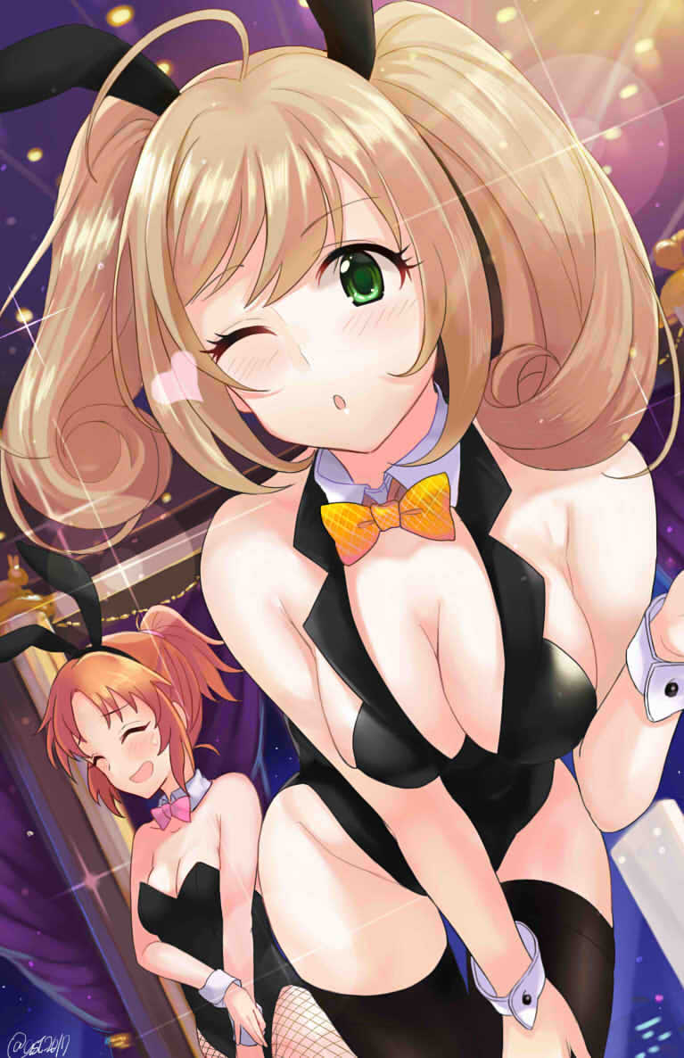 2girls abe_nana ahoge animal_ears ashita_(2010) bare_shoulders black_legwear black_leotard blonde_hair blush breasts cleavage closed_eyes commentary_request detached_collar fishnet_pantyhose fishnets green_eyes heart hips idolmaster idolmaster_cinderella_girls leaning_forward lens_flare leotard long_hair medium_breasts multiple_girls one_eye_closed open_mouth orange_hair pantyhose pink_neckwear ponytail rabbit_ears satou_shin sidelocks signature smile sparkle thighs twintails wrist_cuffs yellow_neckwear