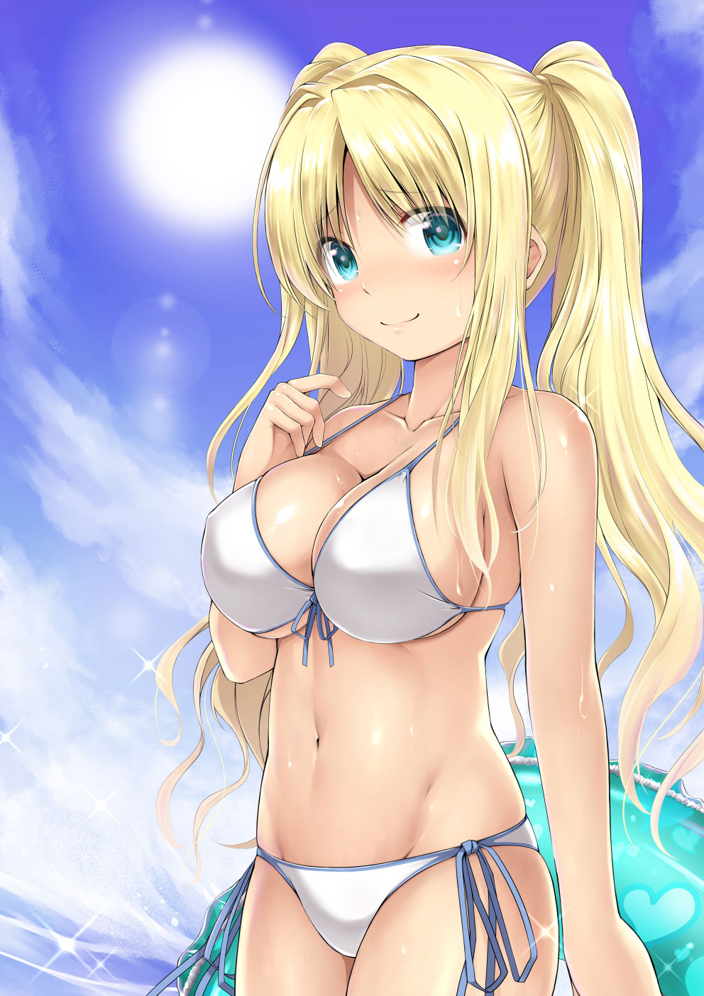 1girl arm_at_side bare_arms bare_shoulders bikini blonde_hair blue_eyes blue_ribbon blue_sky breasts cleavage closed_mouth collarbone day front-tie_bikini front-tie_top hand_on_own_chest heart highres holding innertube iyashite_iris kuromayu large_breasts lens_flare long_hair looking_at_viewer navel ribbon sennen_sensou_aigis side-tie_bikini sidelocks sky smile solo stomach sun sunlight swimsuit tareme twintails water white_bikini