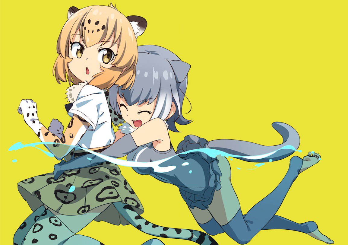 &gt;:d :d :o animal_ears bangs bare_shoulders blonde_hair blue_dress blue_hair blue_legwear closed_eyes dress elbow_gloves eyebrows_visible_through_hair fur_collar gloves hug hug_from_behind jaguar_(kemono_friends) jaguar_ears jaguar_print kemono_friends looking_at_another multicolored_hair open_mouth otter_ears otter_tail partially_submerged partially_underwater_shot pleated_skirt shirt short_hair short_sleeves simple_background skirt small-clawed_otter_(kemono_friends) smile swimming tail thigh-highs toeless_legwear toes tomato_(lsj44867) water white_shirt yellow_background yellow_eyes