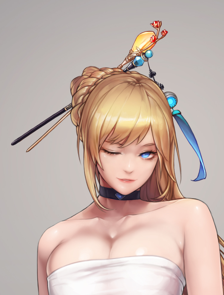 1girl artist_name blonde_hair blue_eyes braid breasts choker cleavage collarbone dungeon_and_fighter female_gunner_(dungeon_and_fighter) large_breasts long_hair monaim one_eye_closed ponytail revision smile solo