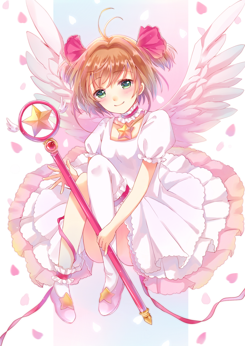 1girl ankle_garter antenna_hair asymmetrical_legwear bangs blush brown_hair card_captor_sakura choker closed_mouth collarbone commentary_request dress eyebrows_visible_through_hair feathered_wings frilled_choker frills full_body garters green_eyes hair_intakes hair_ribbon head_tilt highres holding holding_wand kinomoto_sakura looking_at_viewer petals pink_footwear pink_ribbon puffy_short_sleeves puffy_sleeves ribbon sakura_hiyori shiny shiny_hair short_hair short_sleeves simple_background single_thighhigh smile socks solo spread_wings star thigh-highs two_side_up wand white_background white_dress white_feathers white_legwear white_wings wings
