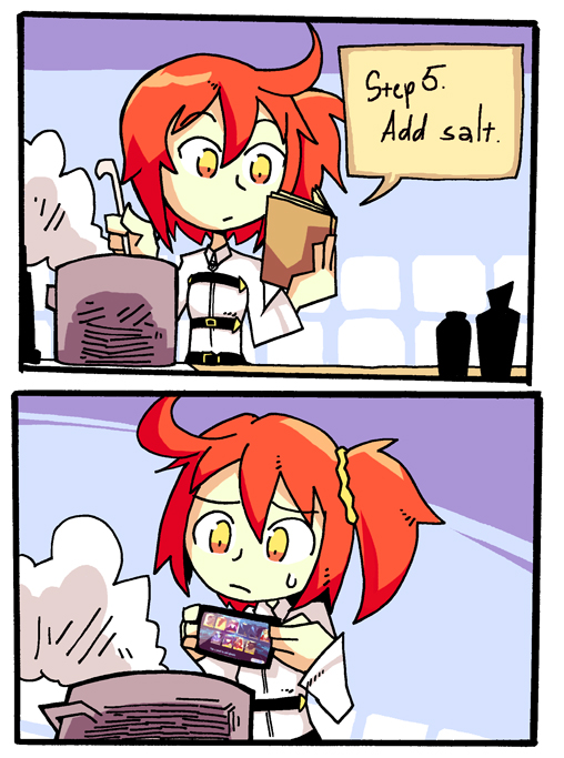 1girl 2koma ahoge cellphone comic cooking fate/grand_order fate_(series) fujimaru_ritsuka_(female) hair_ornament hair_scrunchie kitchen ladle one_side_up orange_eyes orange_hair phone pot scrunchie setz side_ponytail smartphone solo