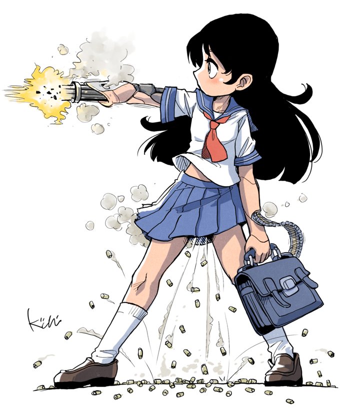 1girl ammunition bag blouse bookbag dress firing gatling_gun gun kiichi long_hair minigun neckerchief original pleated_skirt ribbon sailor_collar sailor_dress school_bag school_uniform serafuku shell_casing shirt skirt solo weapon