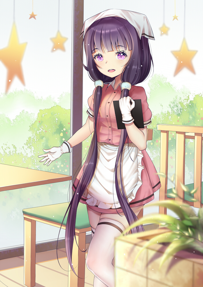 1girl apron bangs blend_s blunt_bangs blush bush chains commentary_request day eyebrows_visible_through_hair frilled_apron frills gloves hair_ornament hair_over_shoulder holding indoors long_hair looking_at_viewer low_twintails parted_lips pink_shirt pink_skirt plant potted_plant purple_hair sakuranomiya_maika shirt short_sleeves skirt smile solo star table thigh-highs twintails uniform very_long_hair violet_eyes waist_apron waitress white_apron white_gloves white_legwear xiaosan_ye