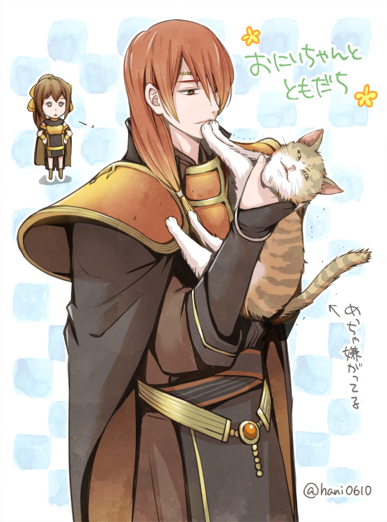 1boy 1girl armor artist_name blonde_hair bow brother_and_sister brown_hair cape cat chibi circlet dyute_(fire_emblem) fire_emblem fire_emblem_echoes:_mou_hitori_no_eiyuuou long_hair low_ponytail luthier_(fire_emblem) multicolored_hair orange_eyes orange_hair ponytail siblings two-tone_hair upper_body waniya