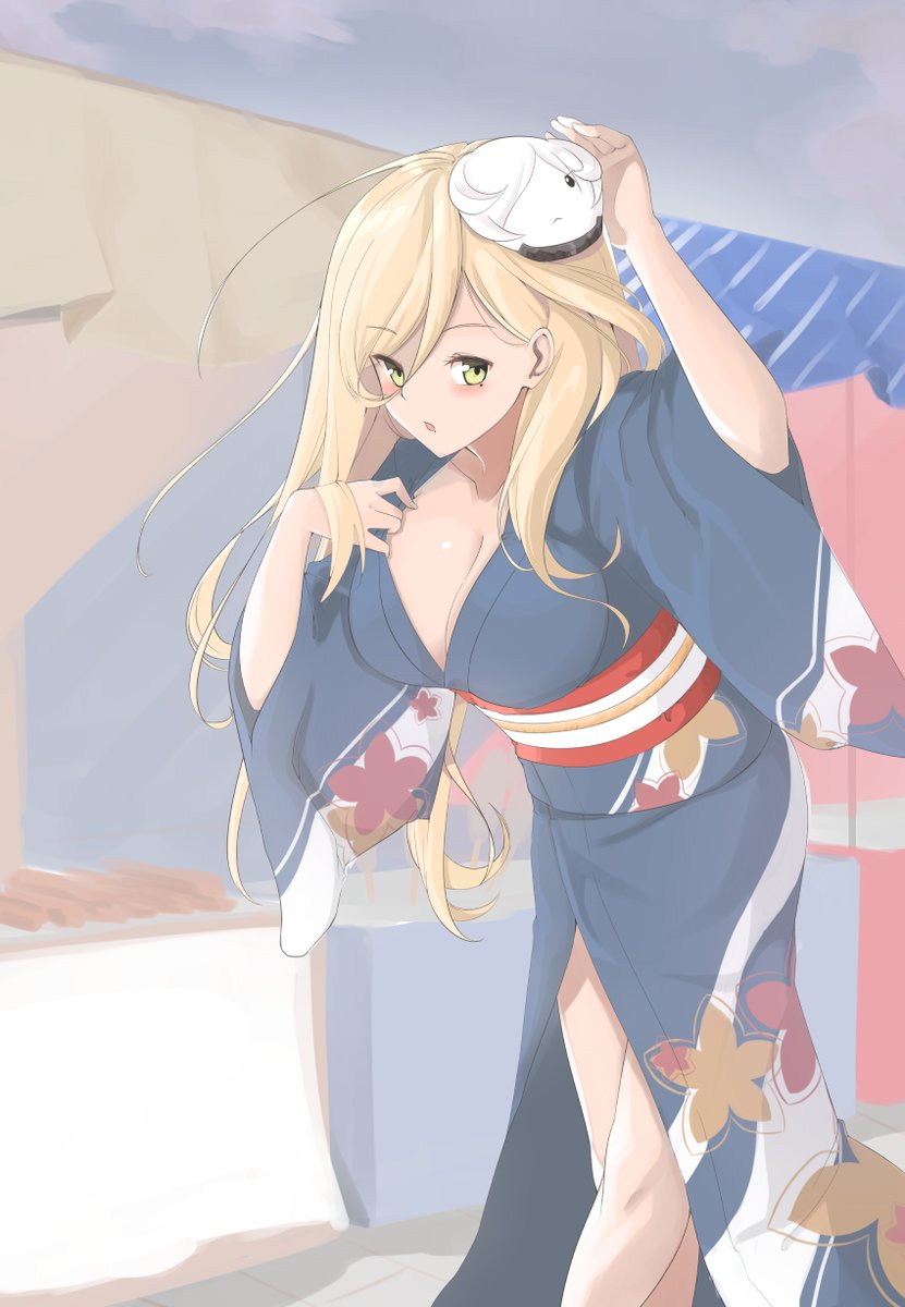 1girl alternate_costume blonde_hair blush breasts character_mask cleavage french_battleship_hime highres image_sample japanese_clothes kantai_collection kimono large_breasts long_hair looking_at_viewer mole obi richelieu_(kantai_collection) sash solo tiasis twitter_sample yellow_eyes