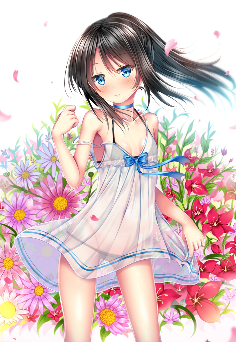 1girl alternate_hairstyle asashio_(kantai_collection) bare_shoulders bikini black_bikini black_hair blue_bow blue_eyes blue_neckwear blurry blush bow choker collarbone depth_of_field dress eyebrows_visible_through_hair flat_chest floral_background flower_request groin hand_up kantai_collection long_hair looking_at_viewer petals ponytail puririn see-through skirt_hold solo strap_slip strapless strapless_dress swimsuit swimsuit_under_clothes white_background